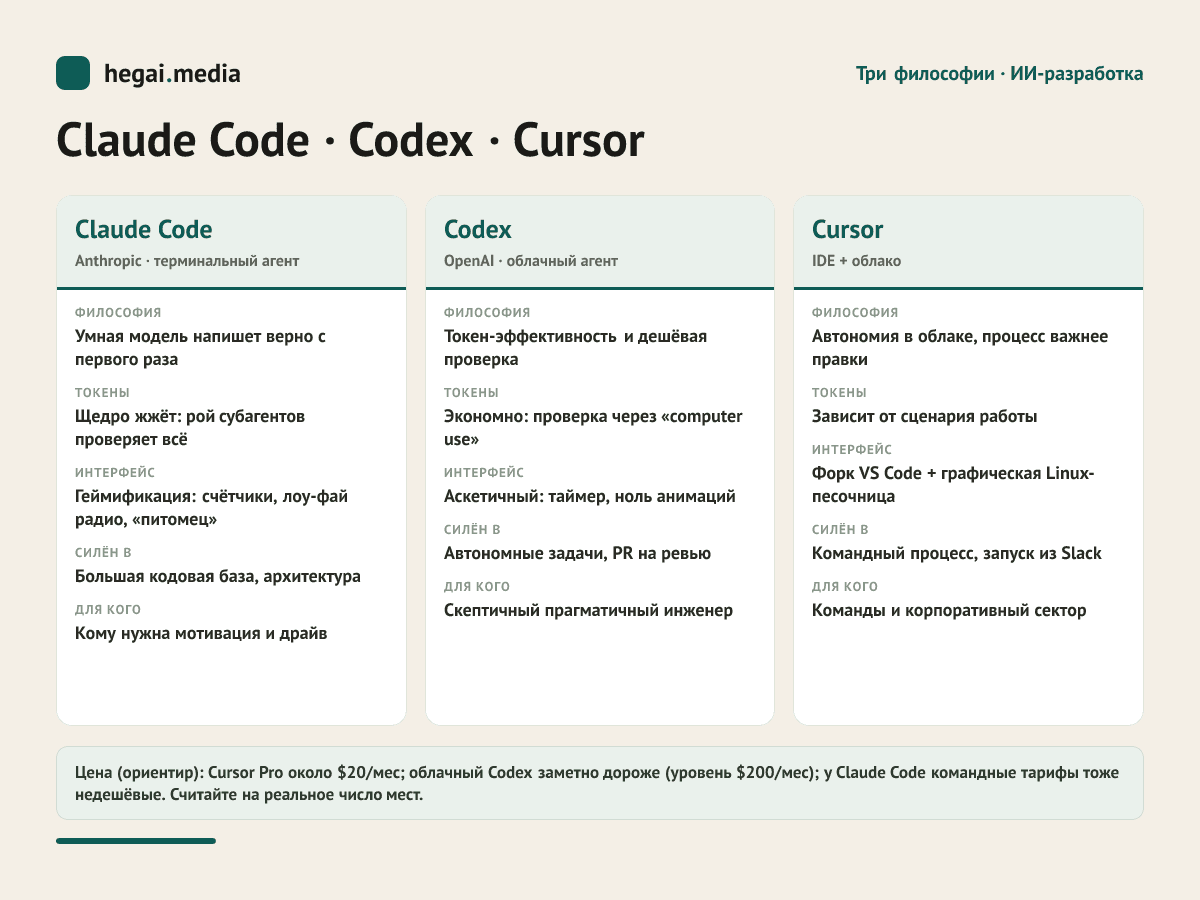 Сравнение Claude Code, Codex и Cursor по философии, экономике токенов, интерфейсу, сильным сторонам, аудитории и цене