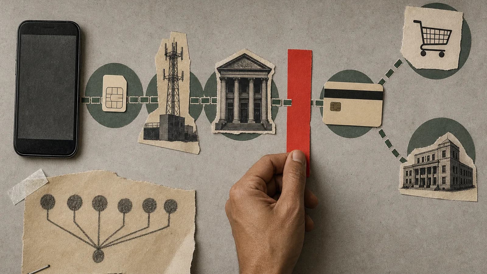 Рука перекрывает бумажный маршрут между телефоном, SIM-картой, банком и маркетплейсом.