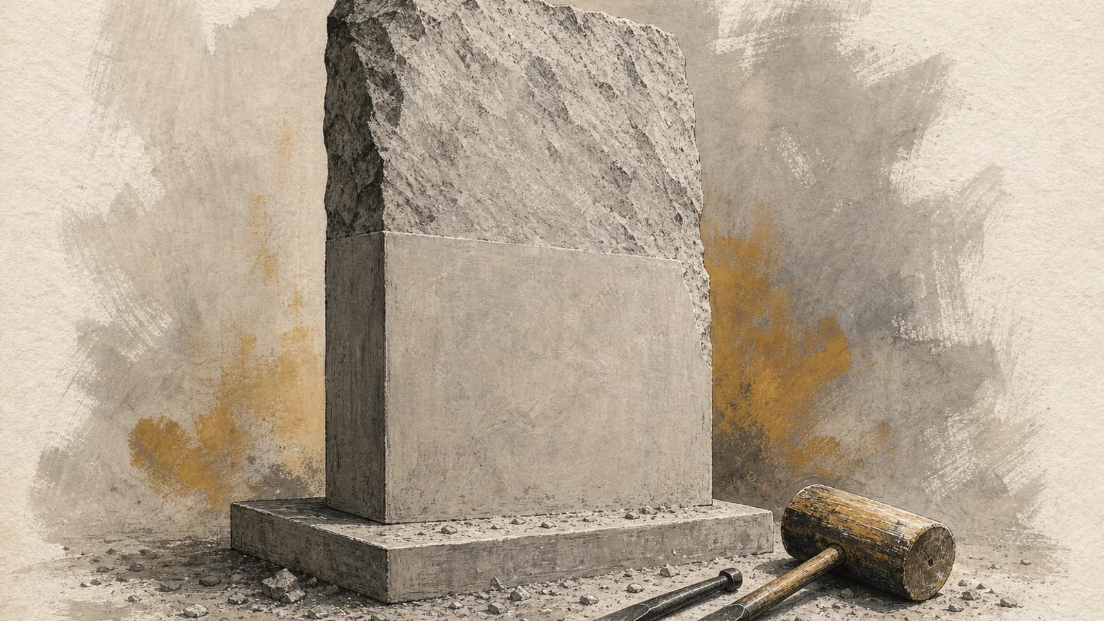 Рисунок тушью: наполовину высеченная каменная стела и инструменты резчика у основания.