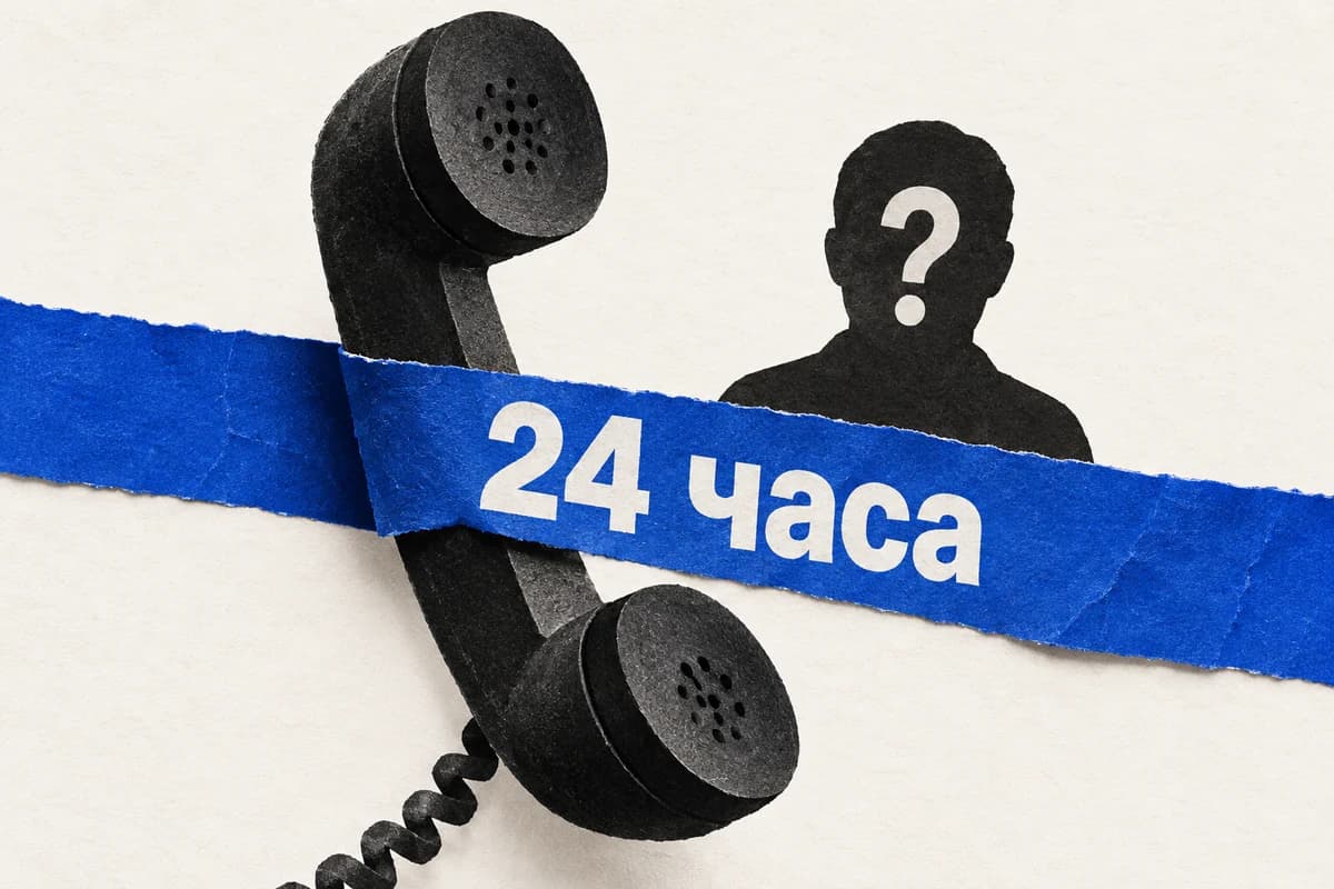 Телефонная трубка перехвачена синей лентой с надписью «24 часа», за лентой остаётся анонимный звонящий