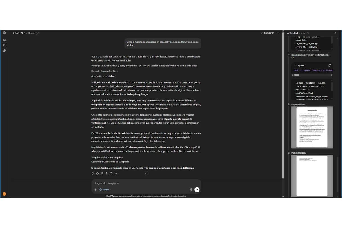 Тёмный веб-интерфейс ChatGPT с диалогом на испанском языке и панелью активности