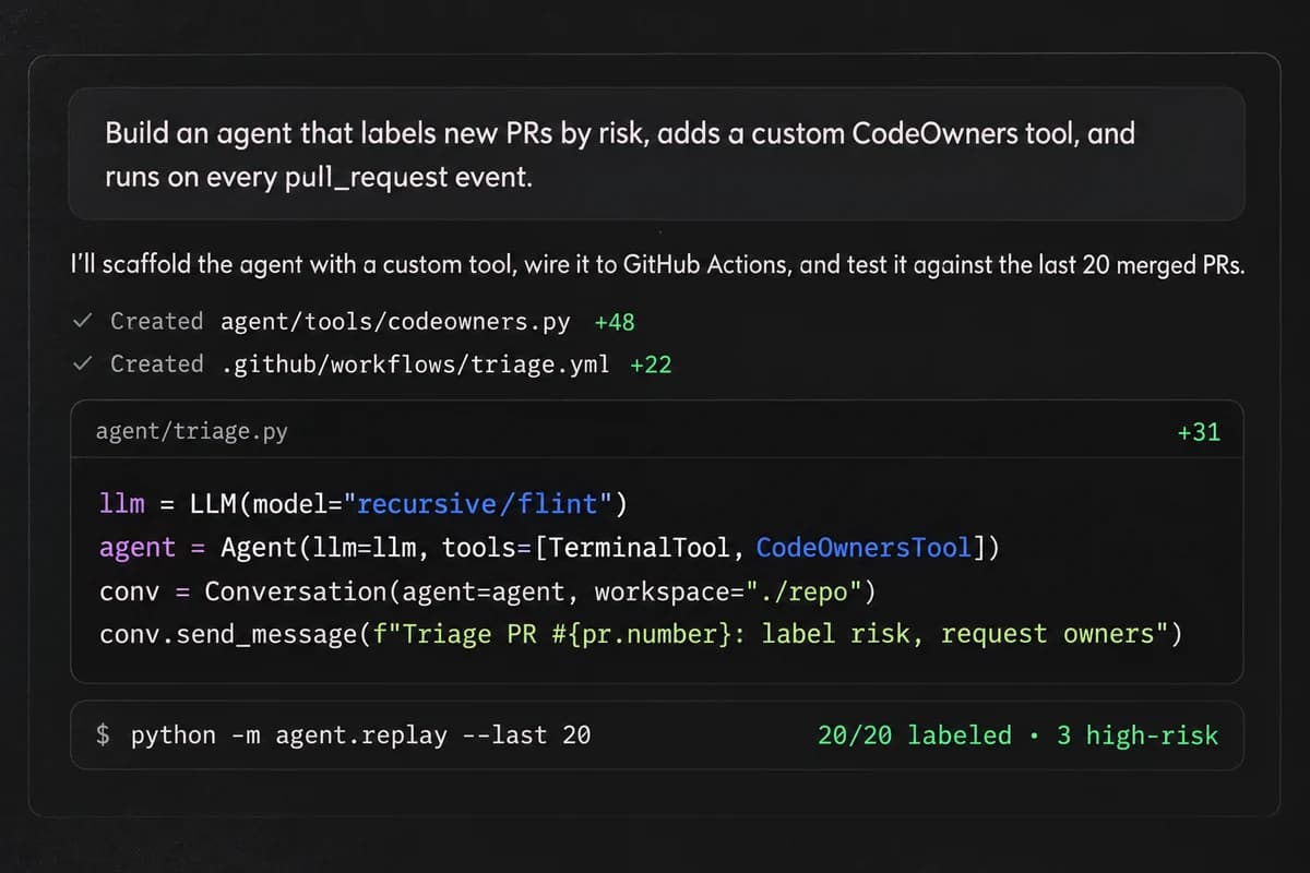 Тёмный интерфейс агента с Python-кодом, строкой recursive/flint, двумя созданными файлами и результатом проверки 20 pull request.