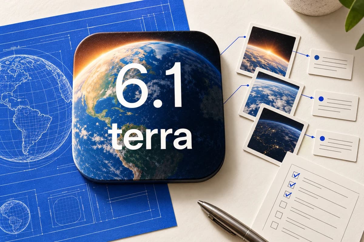 Значок модели GPT-6.1 Terra в виде плитки с Землёй из космоса на синем чертеже; рядом карточки, связанные линиями, и бланк с отмеченными полями.
