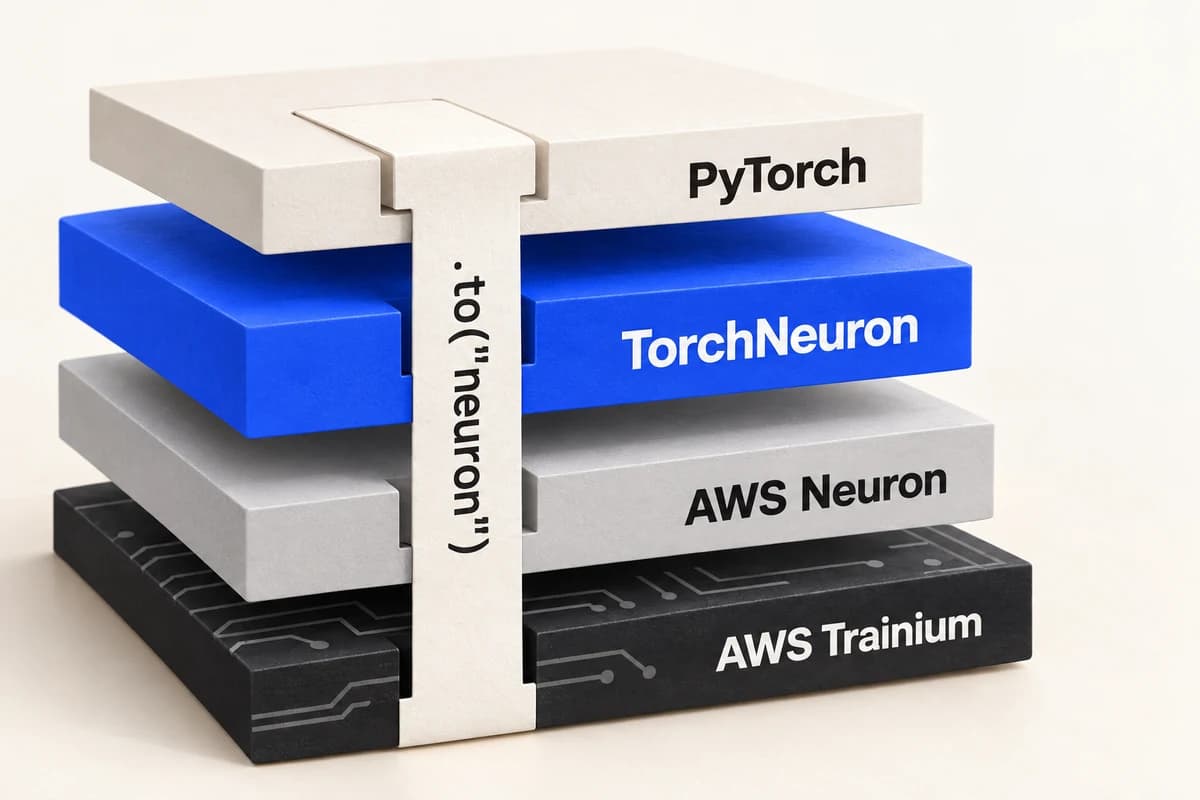 Четыре крупные пластины PyTorch, TorchNeuron, AWS Neuron и AWS Trainium соединены командой .to("neuron").