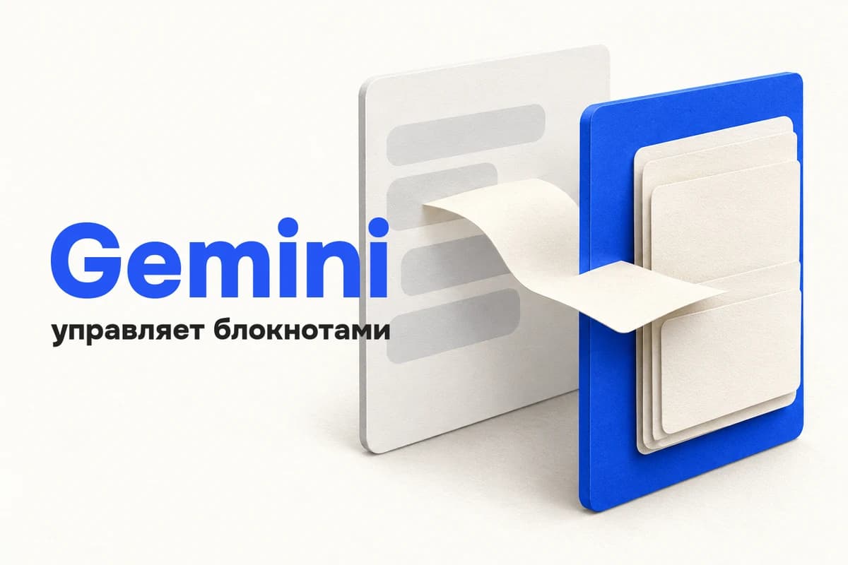 Надпись «Gemini управляет блокнотами» слева; справа лист переходит из условного окна чата в цифровой блокнот.