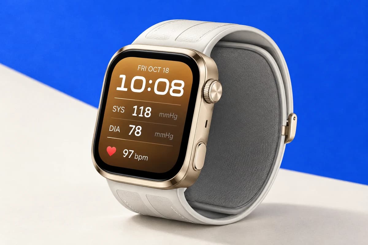 Золотистые Huawei Watch D3 с показателями давления 118 на 78 и раскрытым ремешком с серой внутренней манжетой.