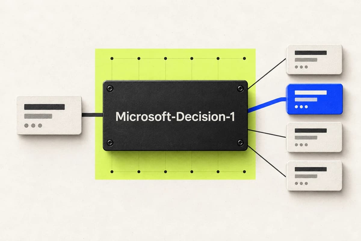 Карточка запроса проходит через блок Microsoft-Decision-1 и разветвляется на четыре фиксированных варианта, один из которых выделен синим.