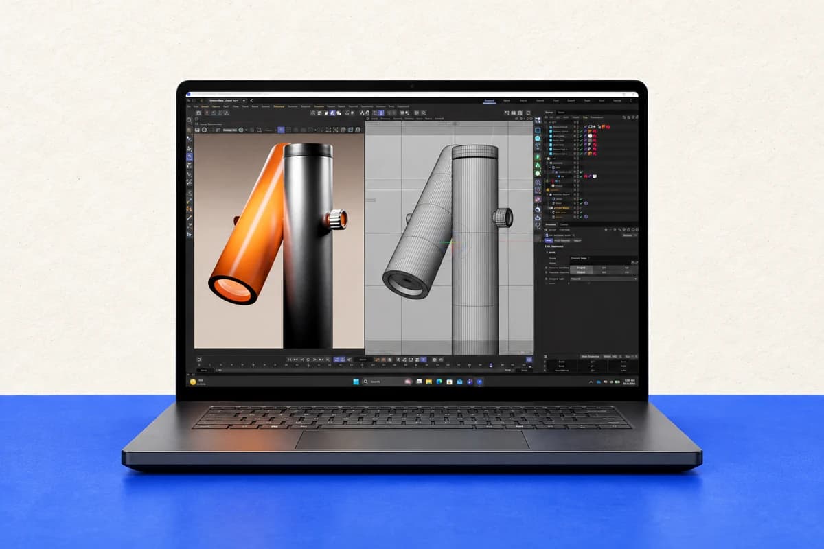 Раскрытый тёмно-серый Surface Laptop Ultra с цветной и полигональной моделями одного объекта на экране.