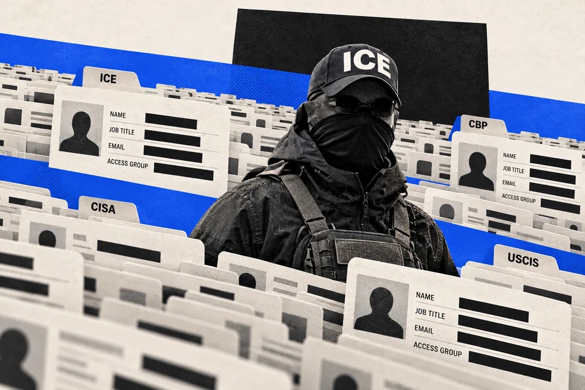 Человек в маске и тёмной экипировке с маркировкой ICE рядом с множеством обезличенных карточек сотрудников DHS.