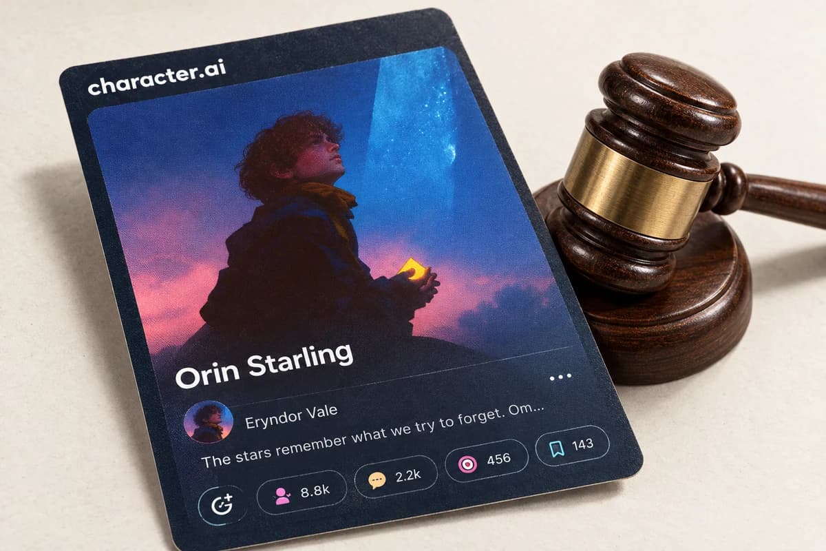 Крупная карточка ленты Character.AI с портретом вымышленного персонажа и счётчиками реакций рядом с деревянным судейским молотком.