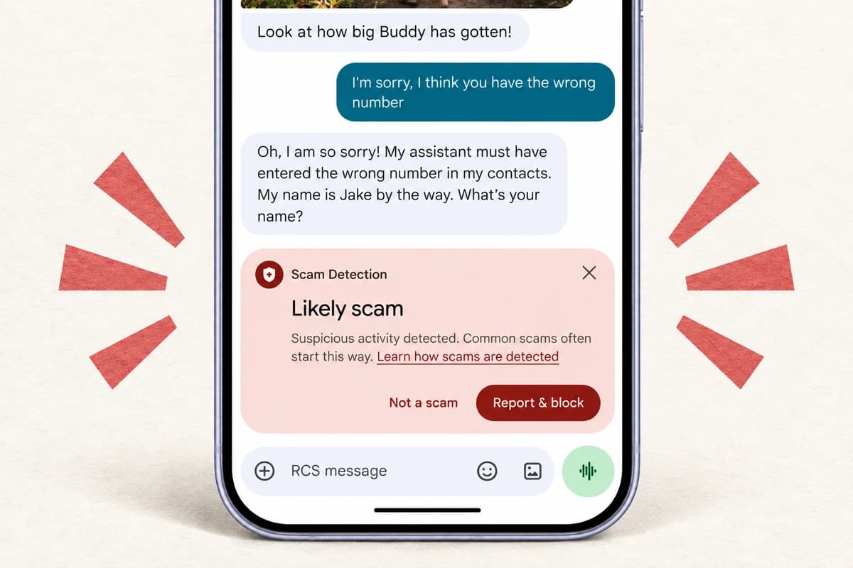 Крупный план смартфона с перепиской и розовым предупреждением Scam Detection «Likely scam» с кнопкой Report & block.