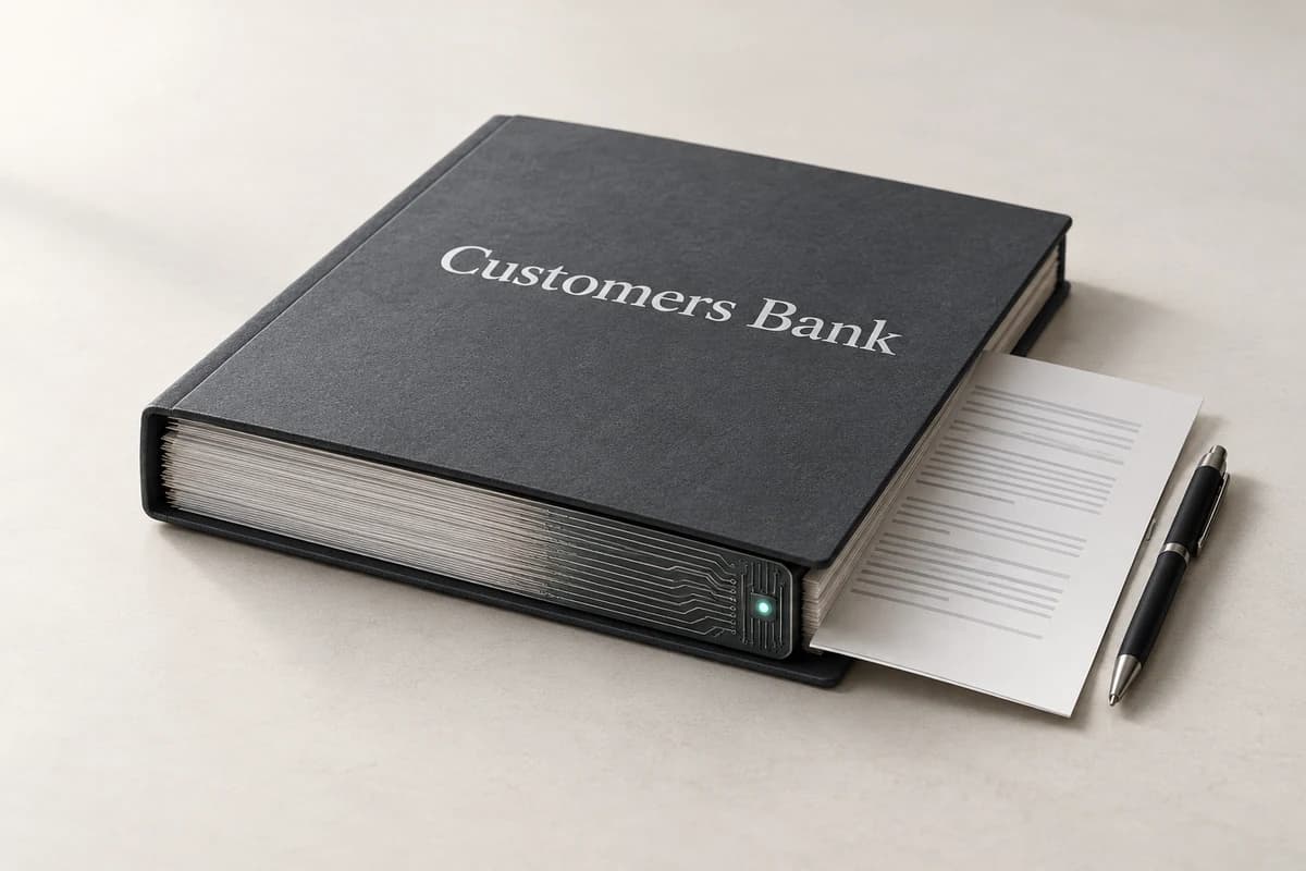 Коммерческое кредитное досье Customers Bank, листы которого сжаты в электронную сердцевину, а финальный лист оставлен для решения сотрудника.