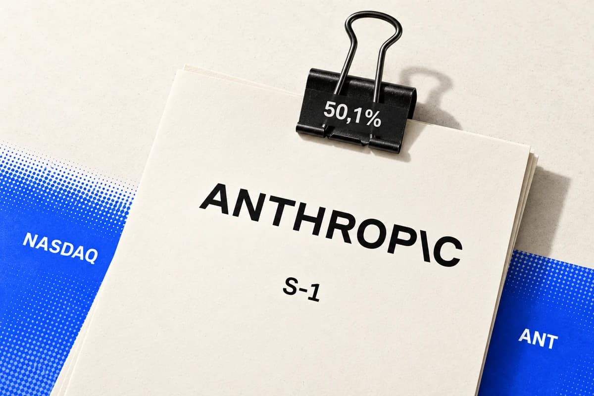 Лист с надписями Anthropic и S-1 входит в синюю плоскость Nasdaq, а его край удерживает чёрный зажим с отметкой 50,1%.