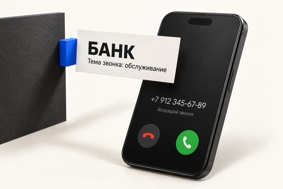 Тёмный смартфон с входящим вызовом и отдельной карточкой «БАНК» с темой звонка.