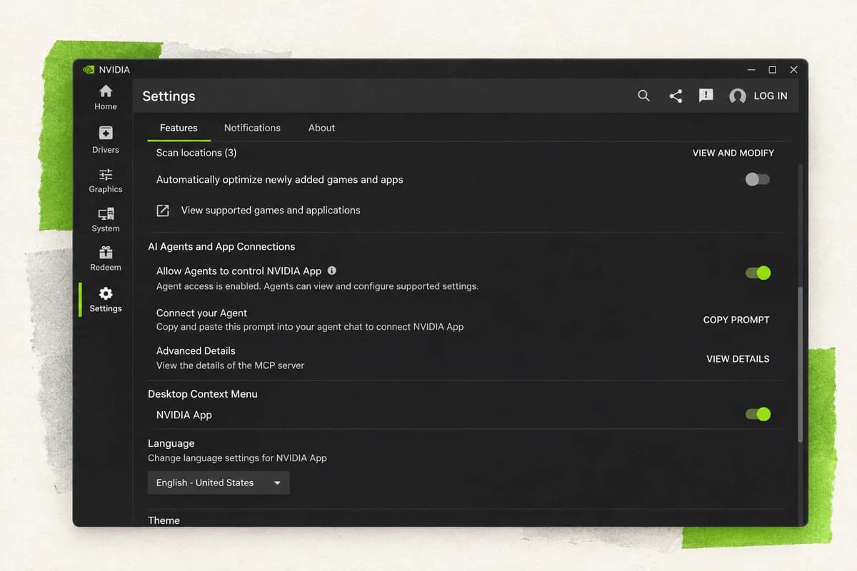 Крупный фрагмент настроек NVIDIA App с разделом подключения ИИ-агентов и зелёным переключателем доступа в положении «включено».