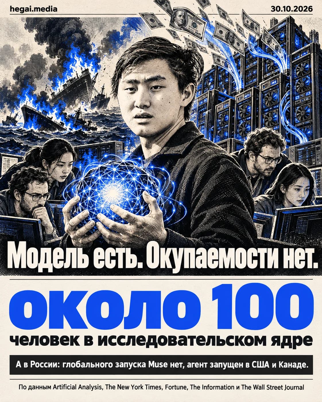 Александр Ванг на фоне исследовательского ядра около 100 человек и огромного кластера GPU. Небольшая команда создала модель уровня лидеров, но окупаемости пока нет.