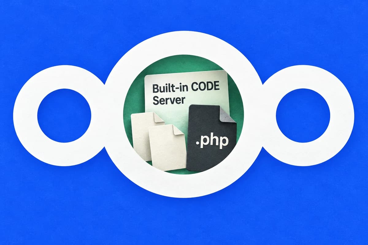 Белый знак Nextcloud на синем фоне; внутри центрального кольца крупные карточки Built-in CODE Server и файла .php.