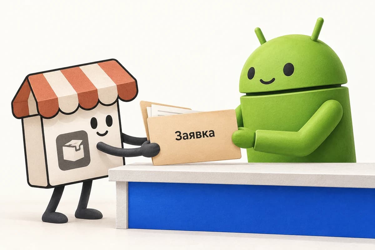 Зелёный персонаж Android за стойкой принимает папку «Заявка» от условного магазина приложений без логотипа.