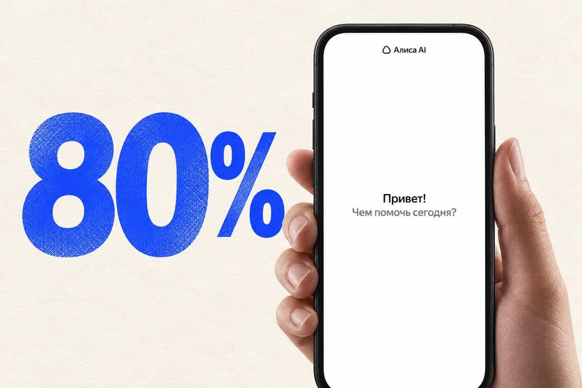 Рука держит смартфон с приветственным экраном «Алисы AI», рядом крупно показано число 80%.