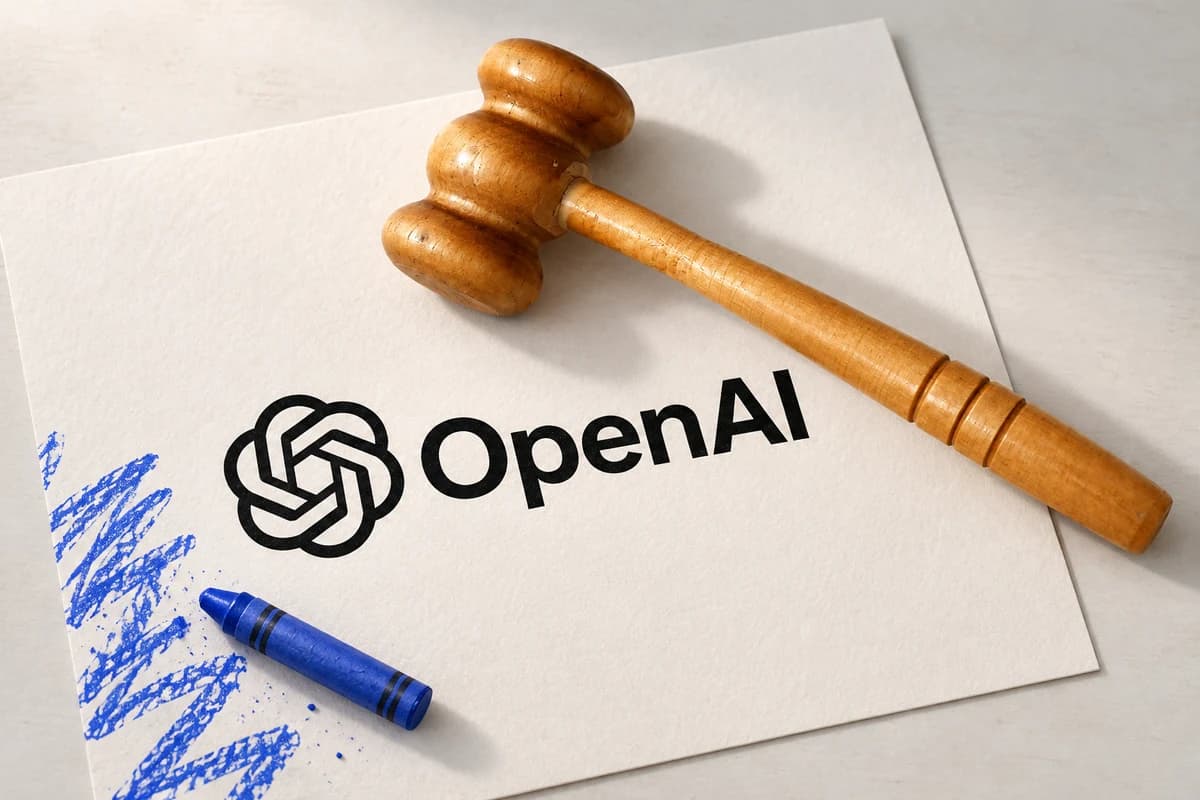 Судейский молоток лежит на листе с логотипом OpenAI, рядом синий детский восковой карандаш
