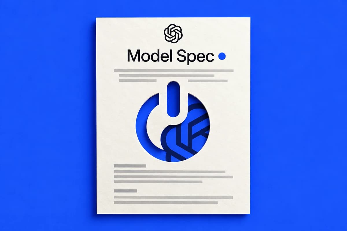 Страница Model Spec с вырезом в форме знака отключения на синем фоне с фирменным знаком OpenAI.