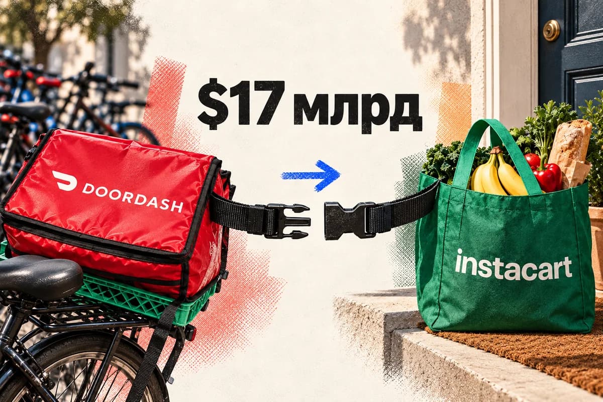 Красная сумка DoorDash на велосипеде и зелёная сумка Instacart с продуктами соединены незастёгнутой транспортной стяжкой.