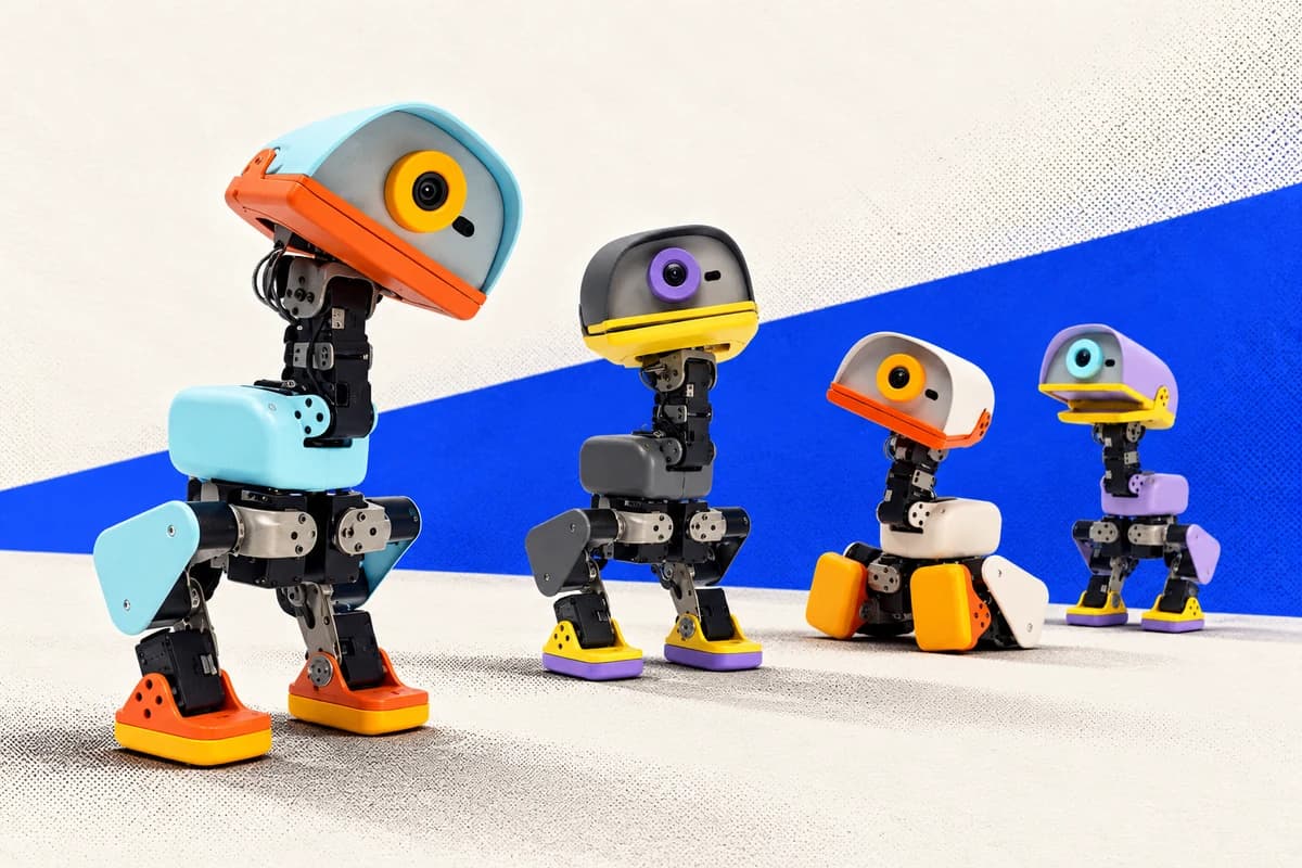 Четыре двуногих робота Microduck разных цветов стоят и сидят друг за другом на светлом фоне.