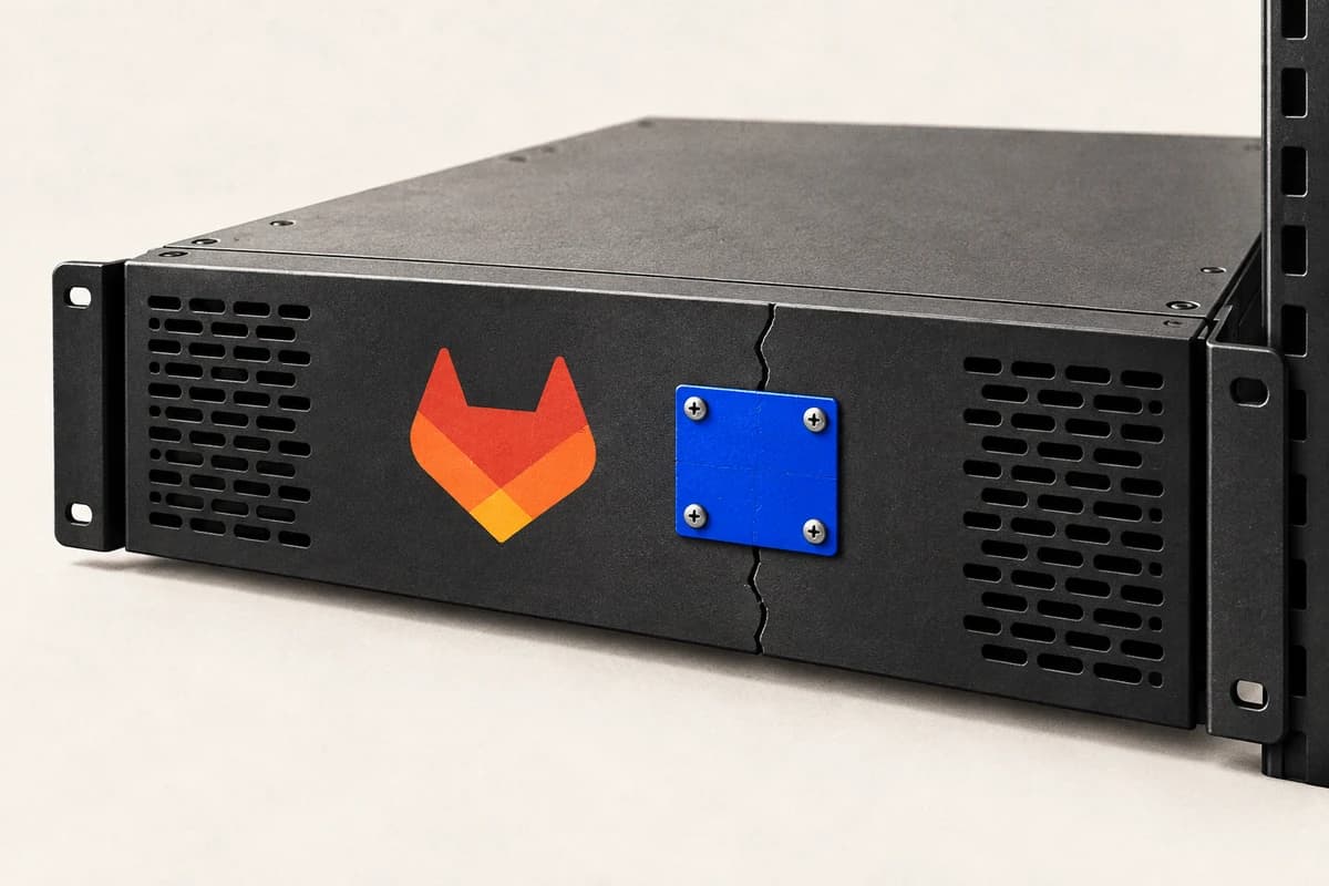Знак GitLab на тёмной серверной панели, трещина в которой закрыта синей металлической заплатой.