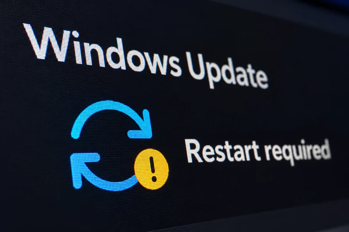 Тёмный экран Windows Update с голубыми стрелками обновления и жёлтым знаком предупреждения о необходимой перезагрузке.