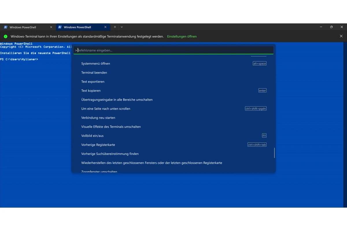 Окно Windows PowerShell с открытой палитрой команд Windows Terminal