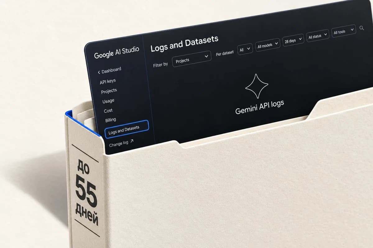 Тёмный интерфейс Google AI Studio с разделом Logs and Datasets входит в бумажную архивную папку с надписью «до 55 дней».