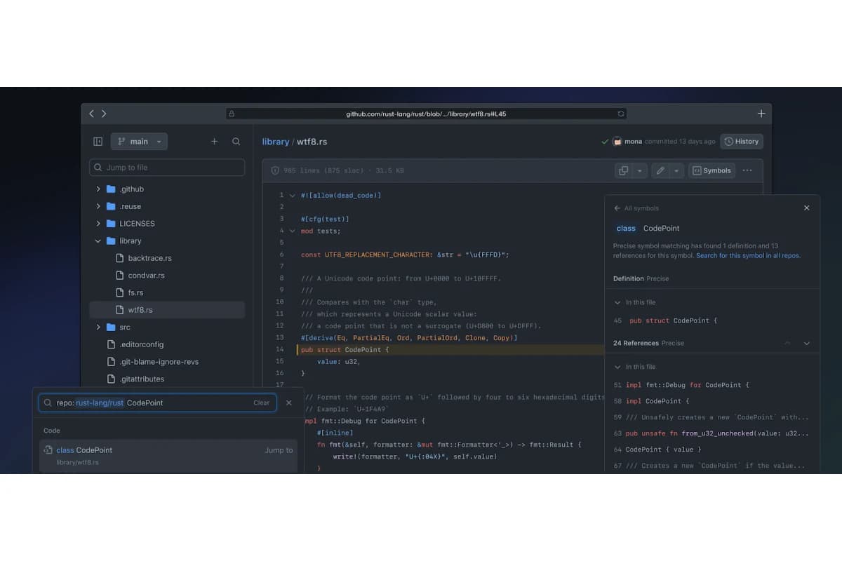 Интерфейс GitHub со страницей репозитория, исходным кодом и панелью поиска символов