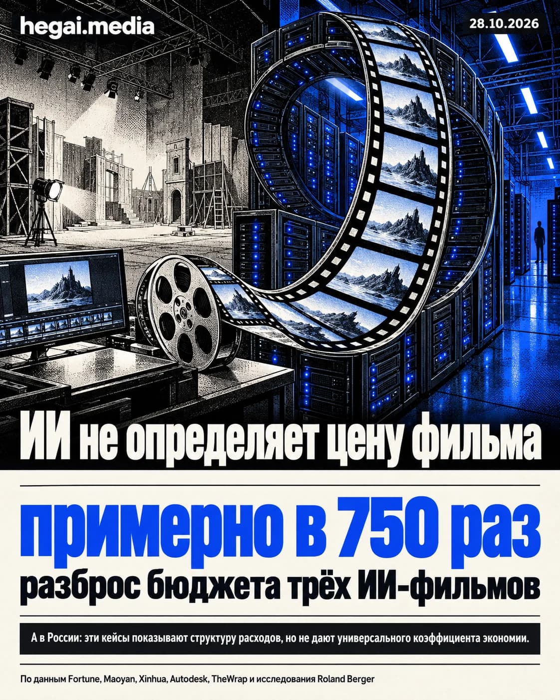 Постер о том, что ИИ не определяет цену фильма: киноплёнка проходит через серверы и цикл переделок, а съёмочная площадка исчезает на фоне. Разброс бюджета трёх ИИ-фильмов — примерно в 750 раз.