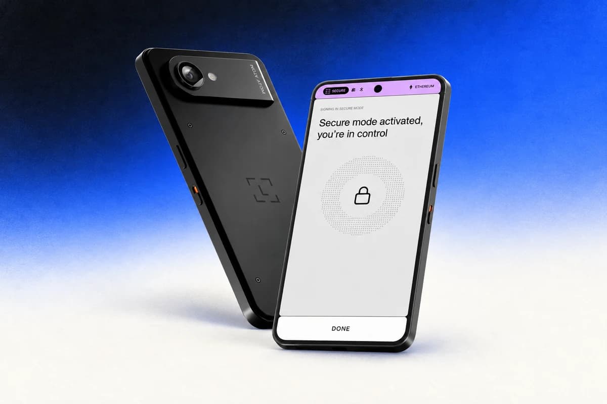 Два ракурса чёрного Ledger Atom: задняя панель с камерой и экран с сообщением об активированном Secure Mode.