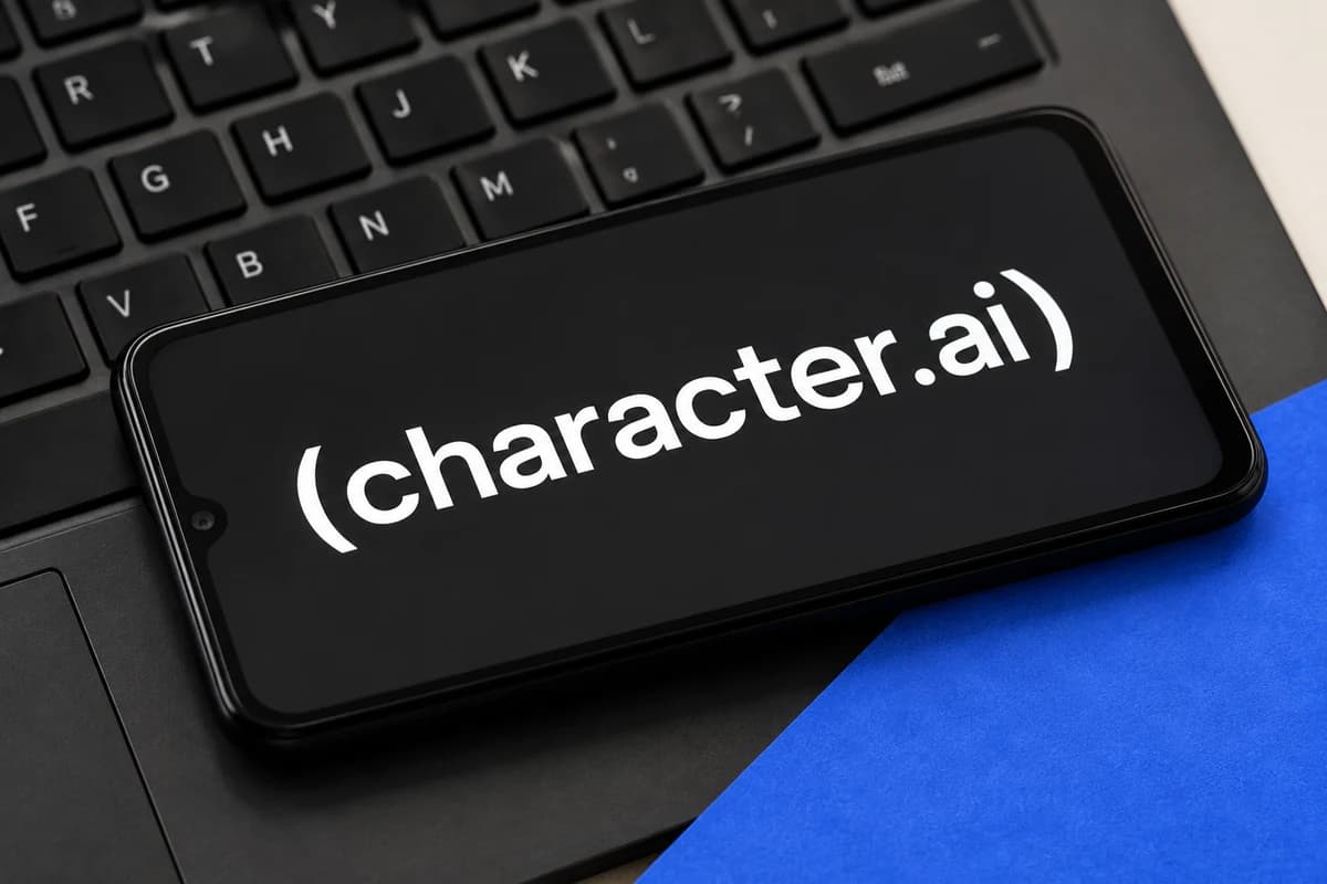 Крупный чёрный смартфон с белой надписью «(character.ai)» лежит на клавиатуре ноутбука рядом с небольшой синей бумажной плоскостью.