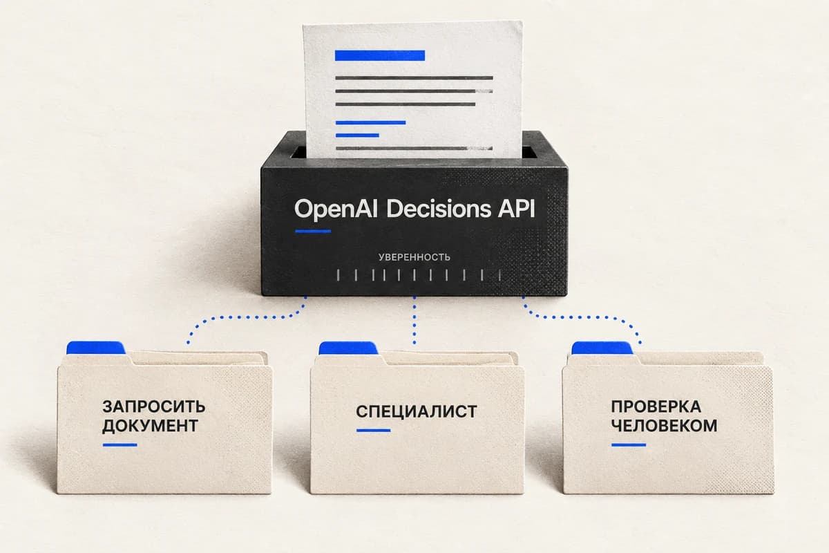 Белый документ проходит через модуль OpenAI Decisions API над тремя папками с возможными маршрутами обработки.