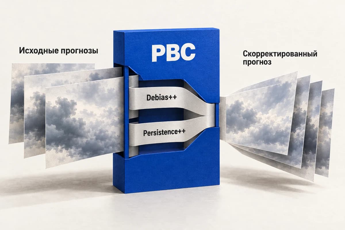 Три листа с облачным небом проходят через слой PBC с параллельными ветвями Debias++ и Persistence++ и выходят веером скорректированных прогнозов.