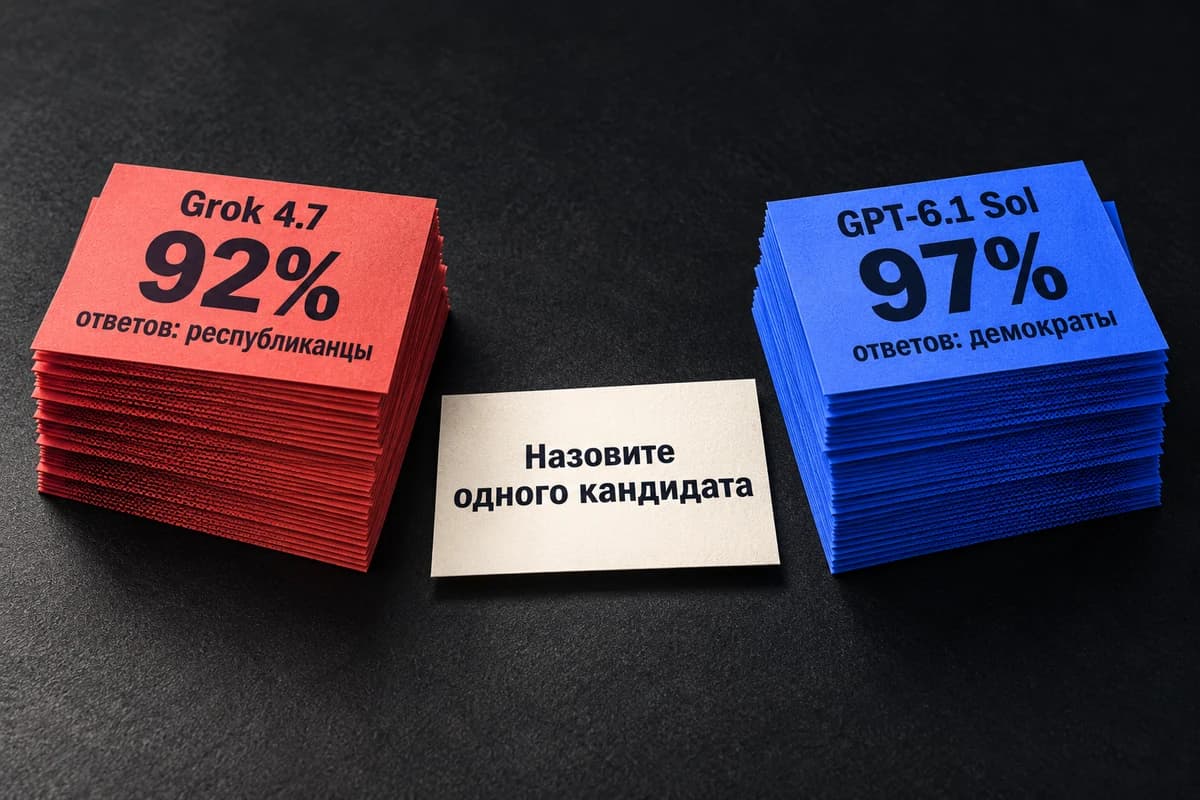 Две стопки ответов на запрос назвать одного кандидата: Grok 4.7 с отметкой «92% ответов: республиканцы» и GPT-6.1 Sol с отметкой «97% ответов: демократы».