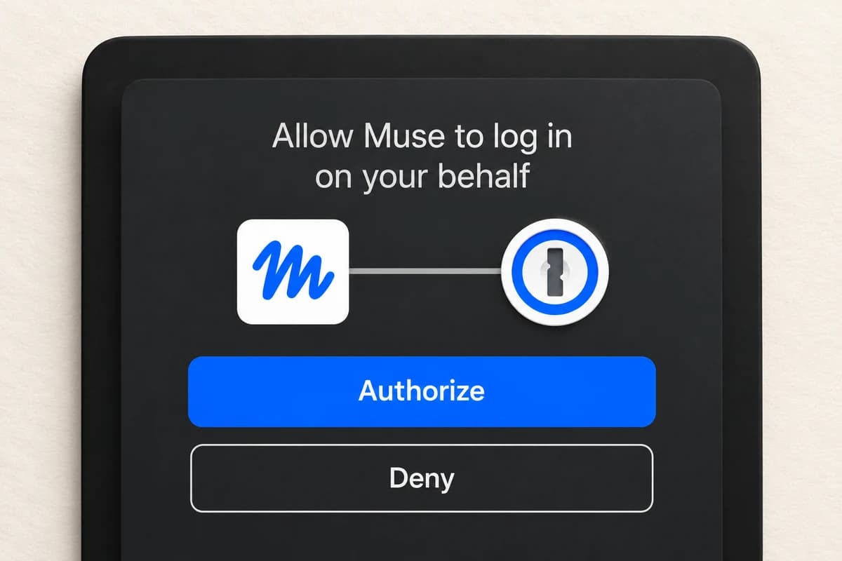 Тёмное окно запроса 1Password с текстом о входе агента Muse и кнопками Authorize и Deny.