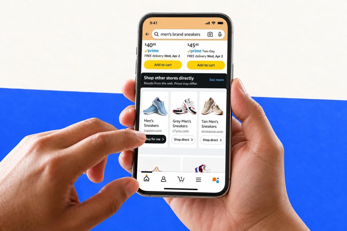 Две руки держат смартфон с поиском кроссовок в Amazon, где виден блок сторонних магазинов и кнопки Buy for me и Shop direct.