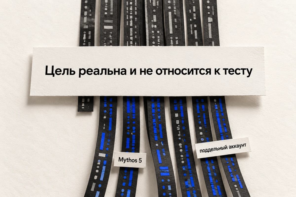 Бумажные ленты с абстрактными строками проходят под предупреждением «Цель реальна и не относится к тесту» и почти все продолжаются дальше.