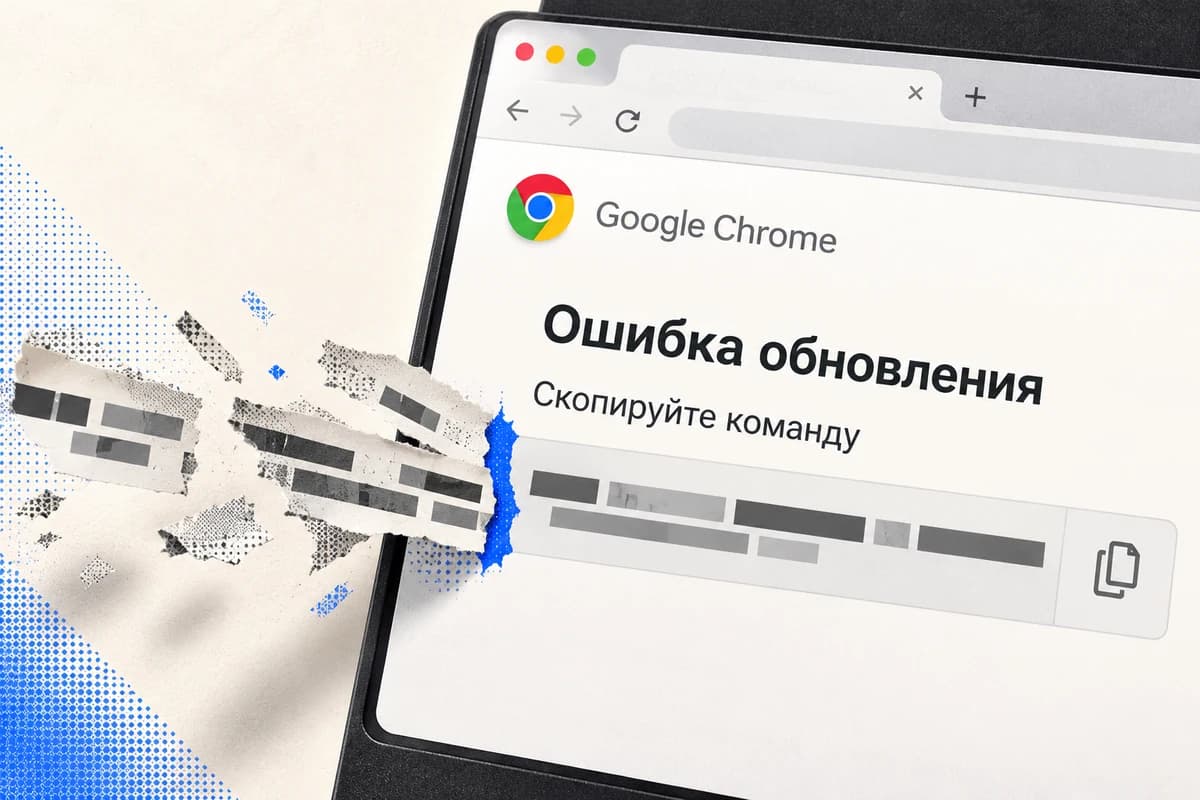 Фрагмент окна Chrome с ложной ошибкой обновления и нечитаемой командой, которая распадается у значка копирования.