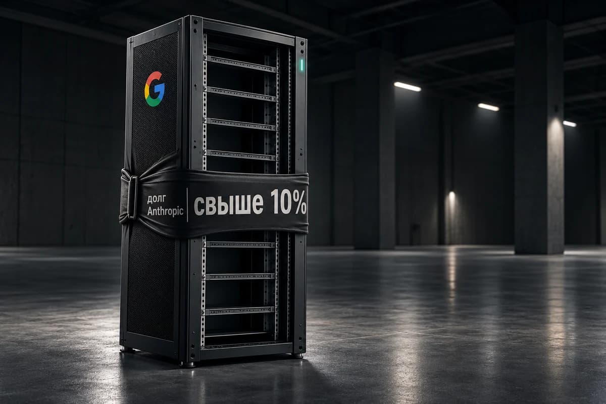 Пустая стойка под Google TPU с логотипом Google стянута широкой чёрной лентой с отметкой доходности.