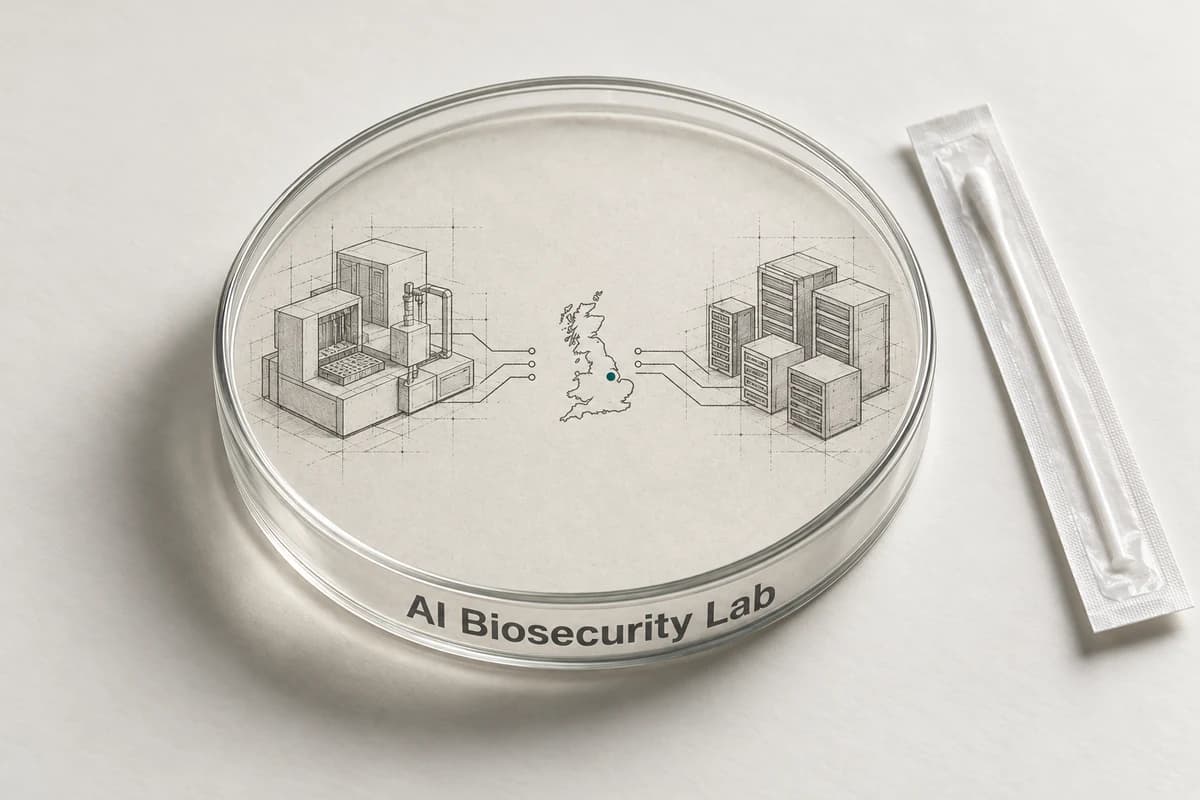 В чашке Петри с надписью AI Biosecurity Lab вместо культуры виден незавершённый план связи биологического анализатора с вычислительным кластером.