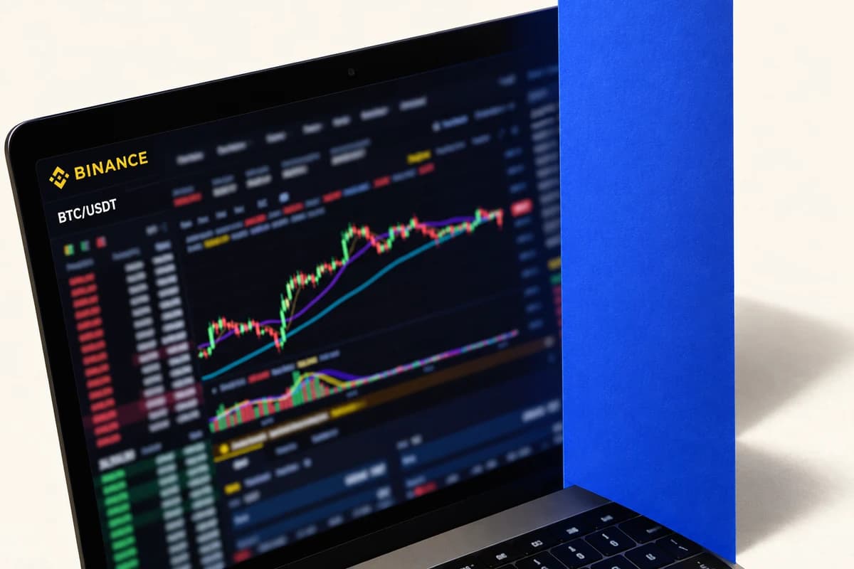 Экран ноутбука с интерфейсом Binance и графиком BTC/USDT частично перекрывает вертикальная синяя плоскость.