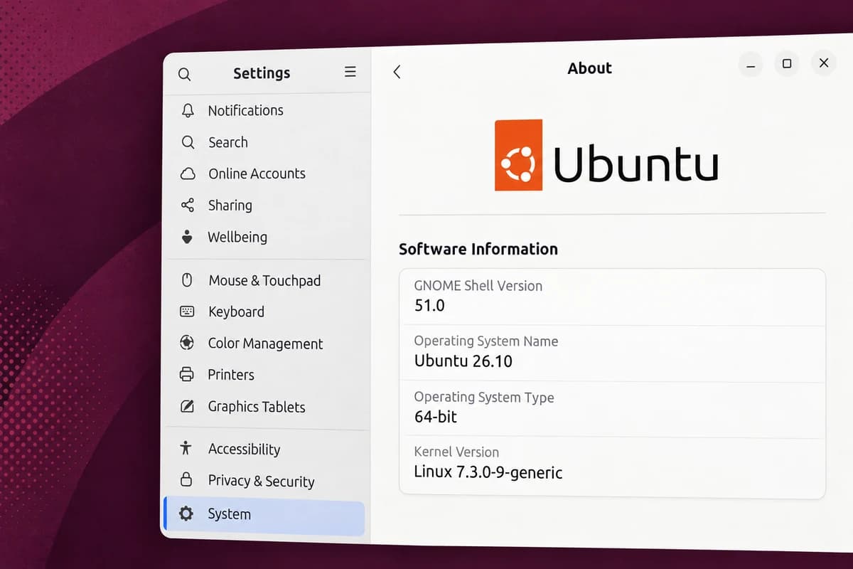 Окно About в Ubuntu 26.10 со строками GNOME Shell 51.0 и Linux 7.3.0-9-generic на фиолетовом рабочем столе.