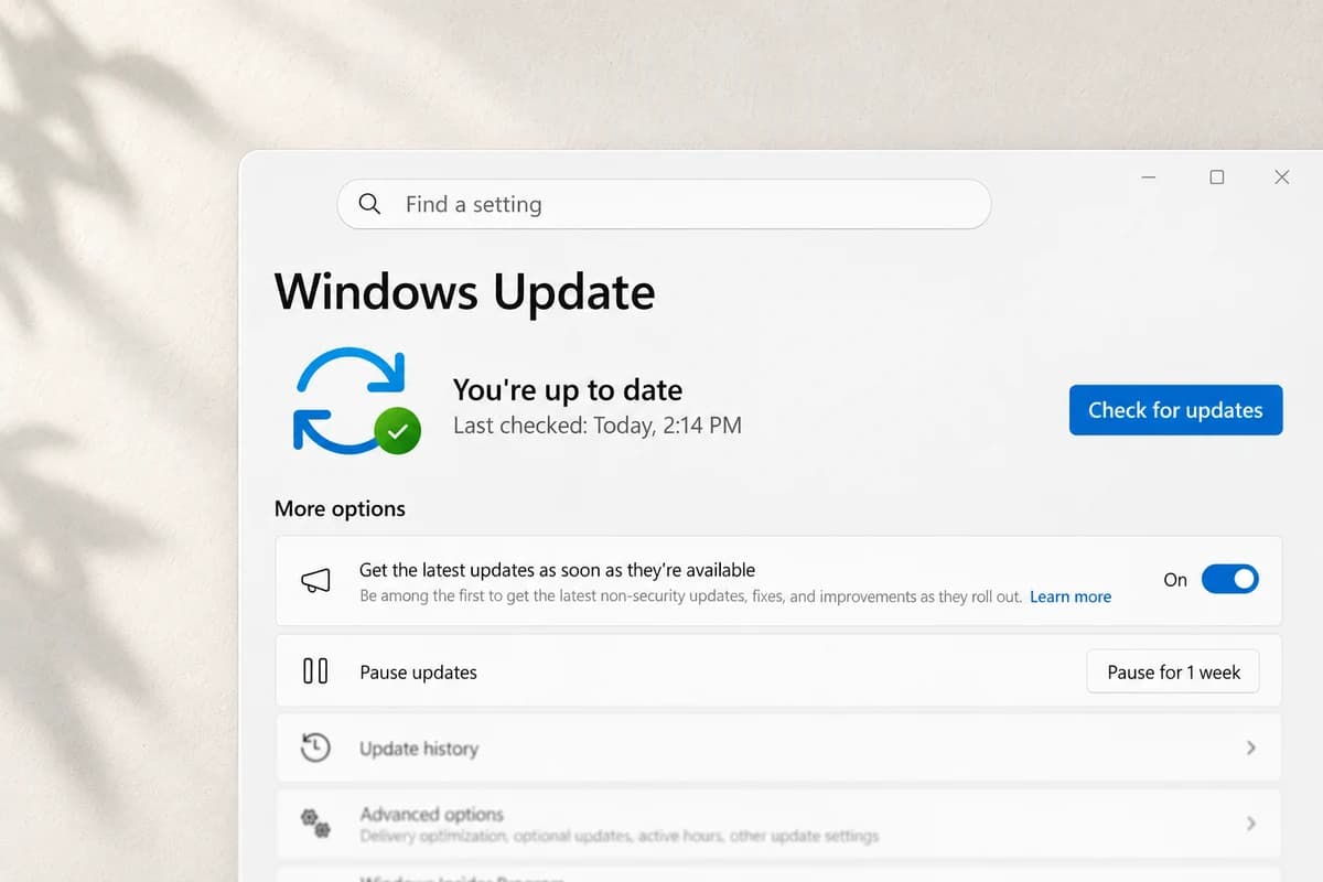 Окно Windows Update со значком обновления, статусом You're up to date и кнопкой Check for updates.