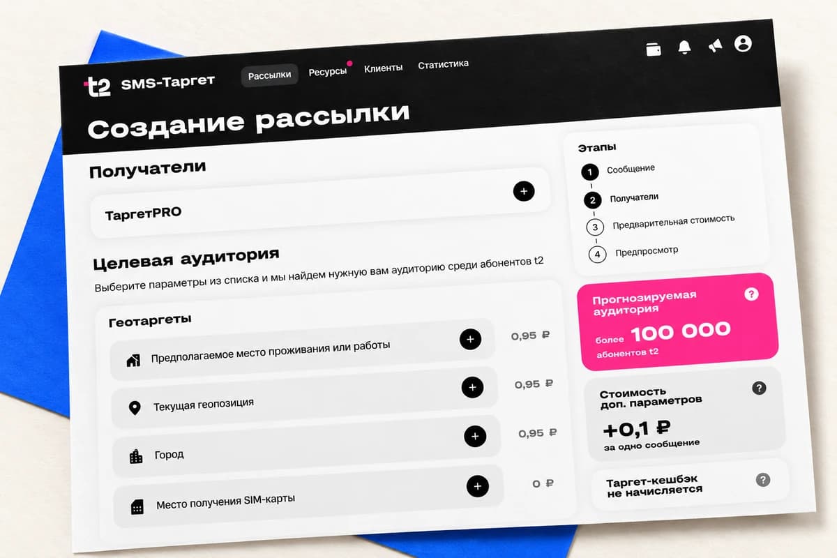 Крупный фрагмент интерфейса T2 «SMS-Таргет» с настройками целевой аудитории и розовой карточкой прогноза более 100 000 абонентов.