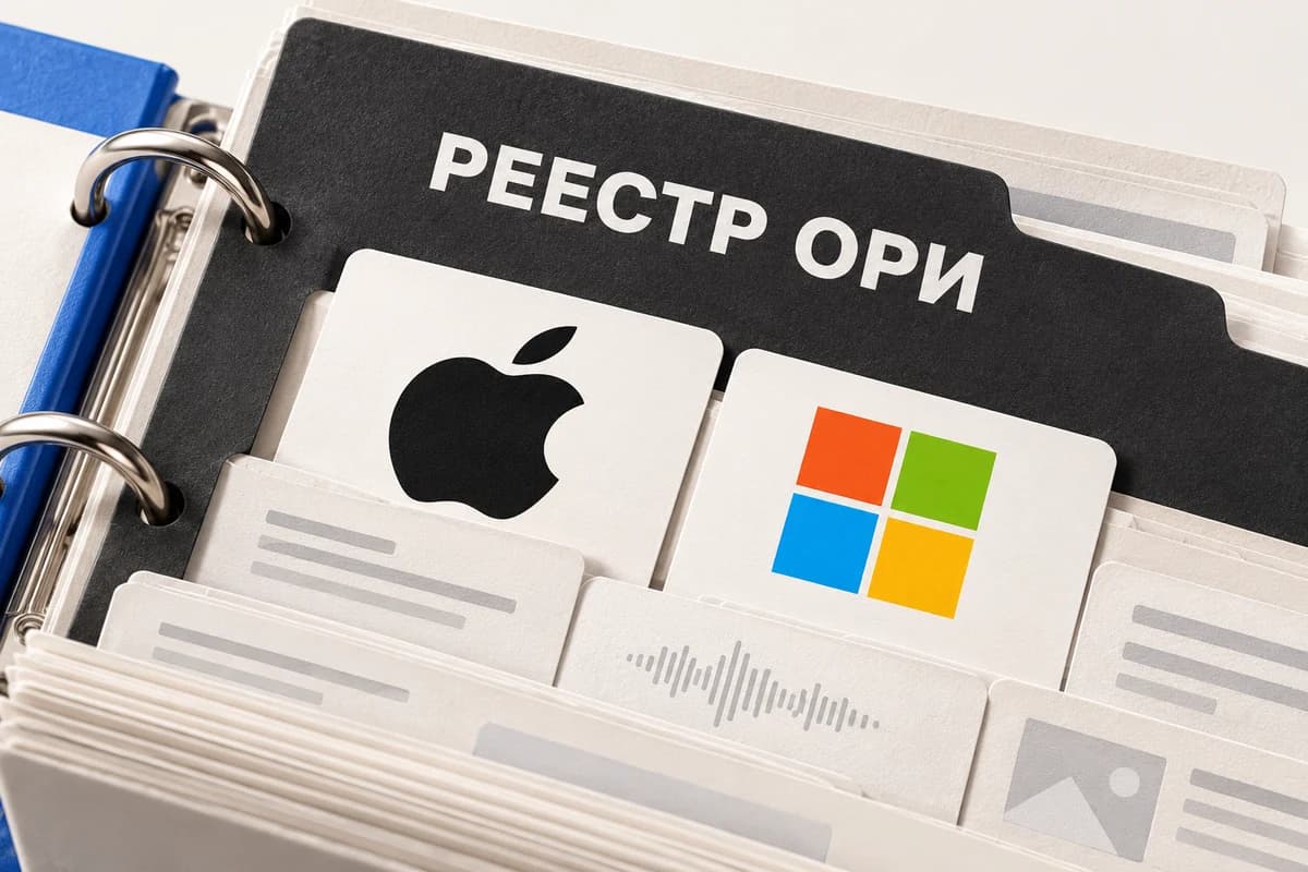 Карточки со знаками Apple и Microsoft закреплены в бумажной папке с надписью «РЕЕСТР ОРИ» рядом с условными карточками сообщений.