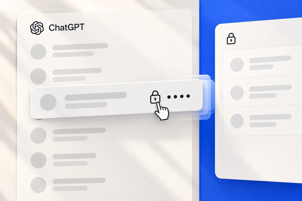 Стилизованный интерфейс ChatGPT с выбранной перепиской, курсором, закрытым замком и четырьмя точками PIN-кода.